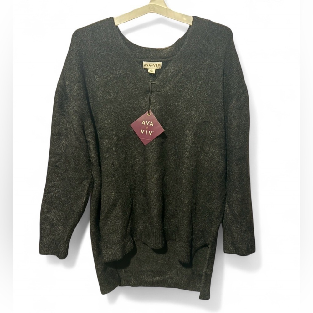 Ava & Viv Women's Fuzzy V-Neck Tunic Pullover Sweater - Black (Size 1X)